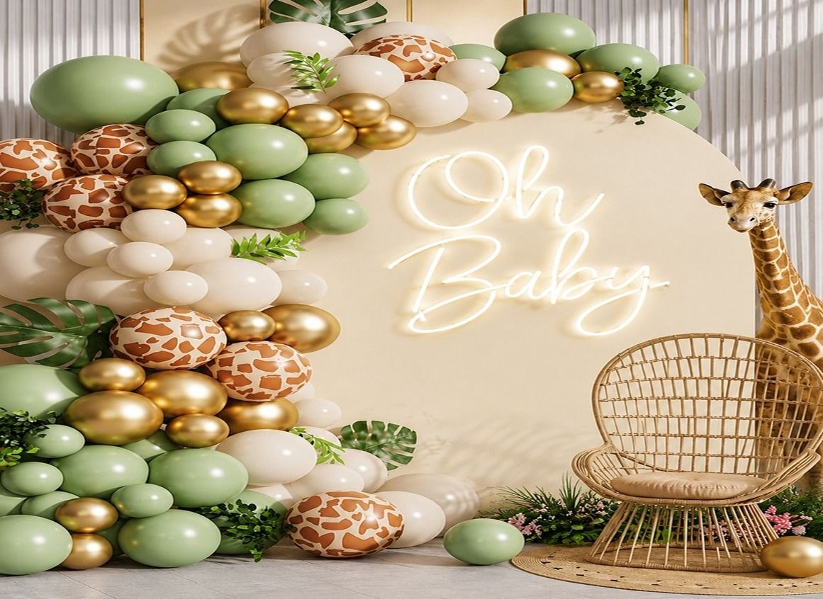 Colorful welcome party table with baby blocks and balloons