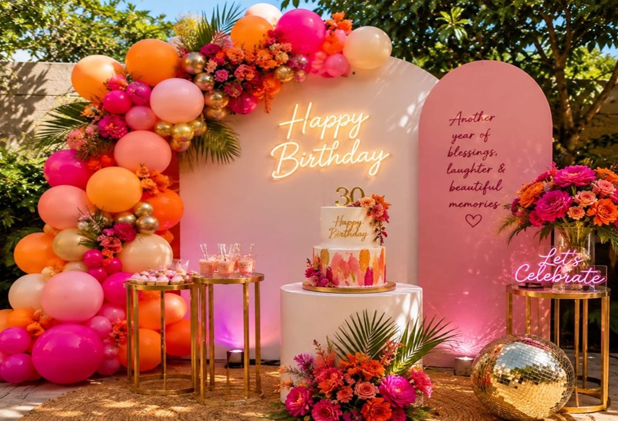 Pink balloon columns for a first birthday celebration