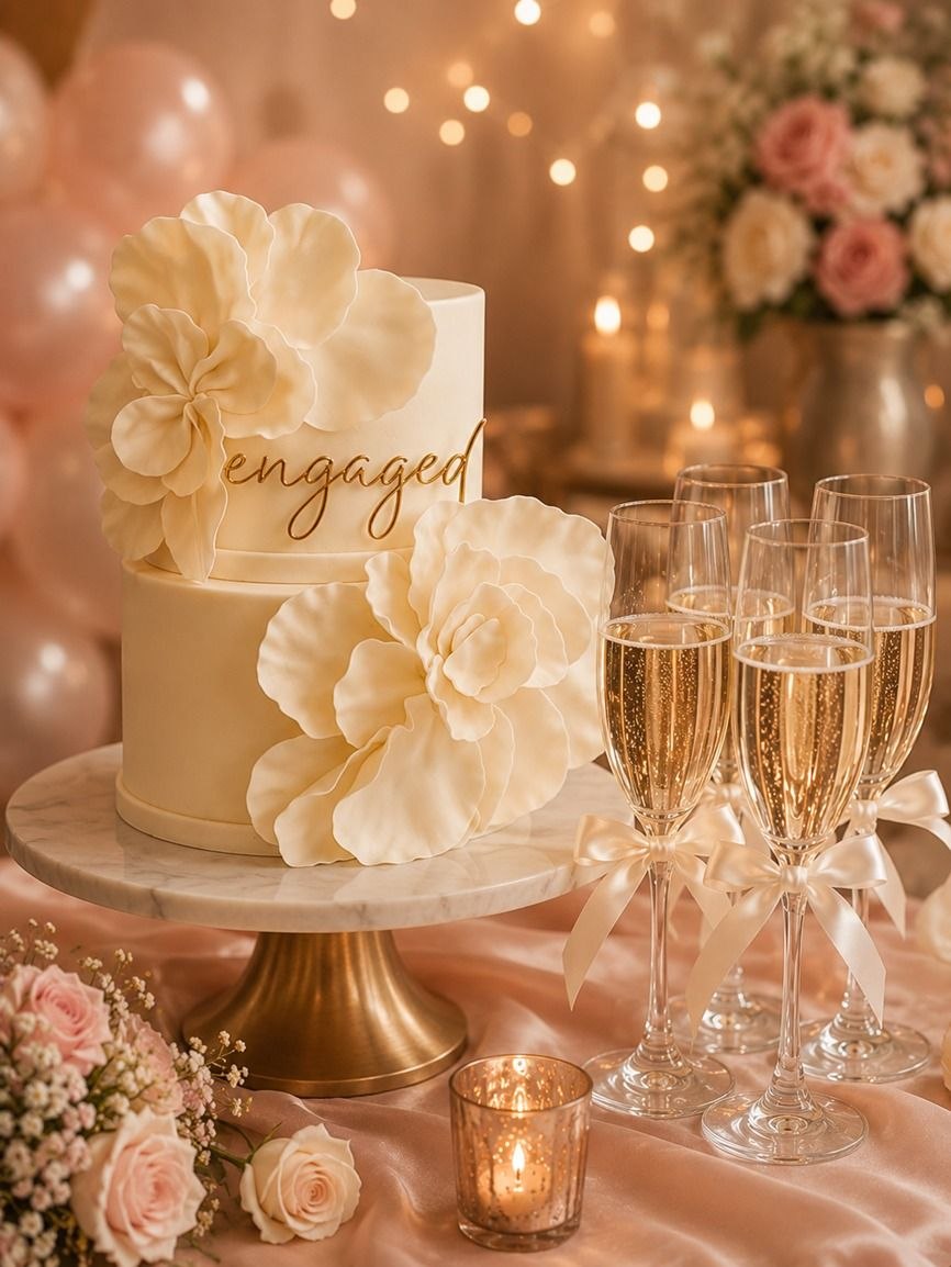 Engagement cake with a 'Just Engaged' topper