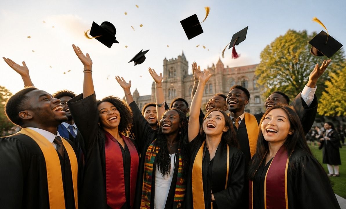Graduates celebrating with diplomas and balloons