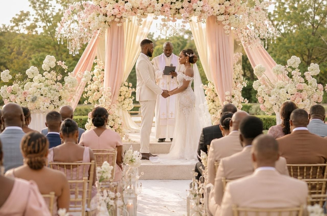 Outdoor wedding ceremony setup with a floral-lined aisle